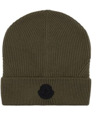 Moncler Logo Patch Ribbed Beanie - Green
