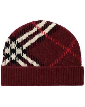 Burberry Check Cashmere Blend Beanie - Red