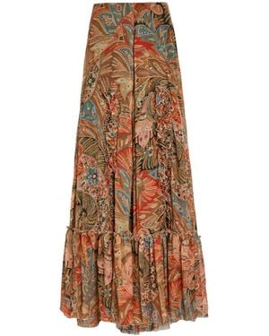Etro Paisley Ruffled Silk Maxi Skirt - Brown