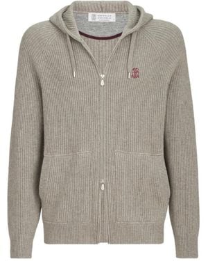 Brunello Cucinelli Cashmere English Rib Hooded Knit Sweatshirt With Logo And Zipper - Gray