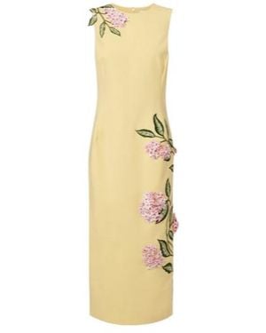 Oscar de la Renta Floral-Applique Wool-Blend Midi Dress - Metallic