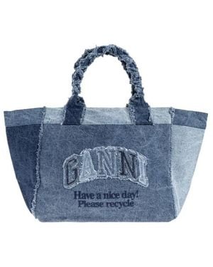 Ganni Patchwork Frayed-Edge Tote Bag - Blue