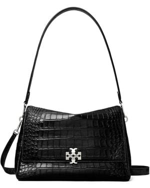 Tory Burch Charlie Embossed Croc Shoulder Bag - Black