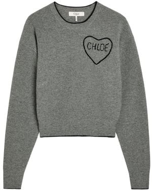 Chloé Logo Embroidered Wool And Cashmere-Blend Sweater - Gray