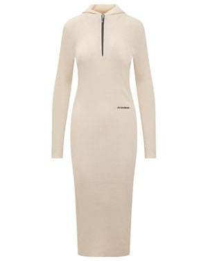 Jil Sander Long-Sleeved Ribbed-Knitted Hooded Midi Dress - White