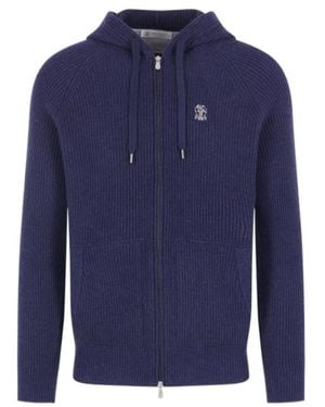 Brunello Cucinelli Logo Embroidered Zipped Cardigan - Blue