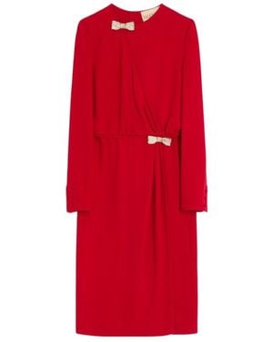 Valentino Bow Embellished Long-Sleeved Dress - Red