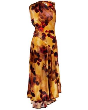 Victoria Beckham Gathered Lace-Trimmed Silk Satin Gown - Orange