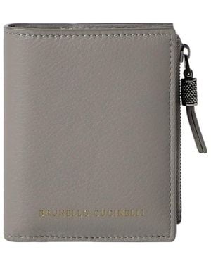 Brunello Cucinelli Grained Calfskin Compact Wallet With Shiny Zipper Pull - Gray