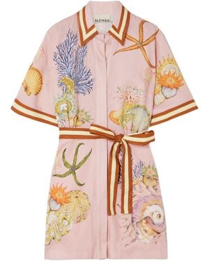 ALÉMAIS Belted Printed Linengauze Mini Shirt Dress - Pink