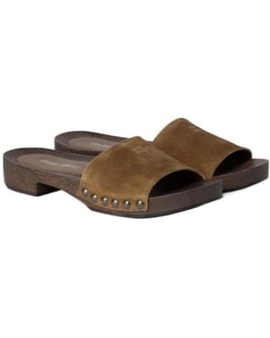 Miu Miu Cinnamon Colored Suede Clogs With Logo - Brown