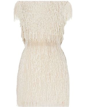 Oscar de la Renta Embellished Fringed Mesh Mini Dress - Natural