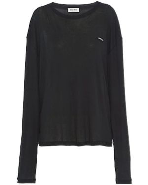 Miu Miu Long-Sleeved Ribbed Jersey T-Shirt - Black