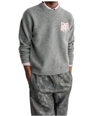 Maison Kitsuné Fox-Head Intarsia Sweater - Gray
