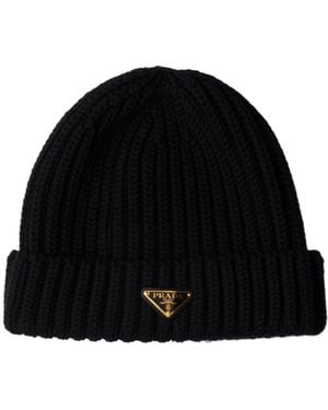 Prada Logo Plaque Ribbed Beanie - Black
