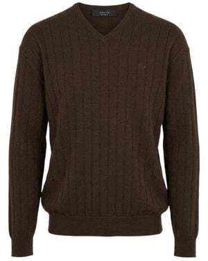 Gucci Ribbed V-Neck Sweater - Brown