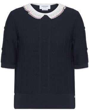 Thom Browne Lace-Trim Knitted T-Shirt - Blue