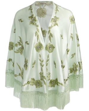 Alice + Olivia Floral-Embroidered Fringed Cape - Green