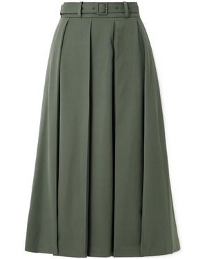 Patou Belted Pleated Stretch-Wool Twill Midi Skirt - Green