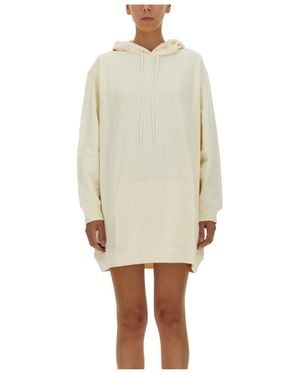 MSGM Logo Printed Drawstring Hooded Dress - White