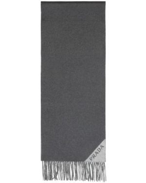 Prada Logo Jacquard Fringed Edge Scarf - Grey