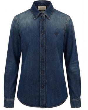 Gucci Embroidery Long-Sleeve Denim Shirt - Blue