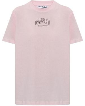 Ganni Logo Printed Crewneck T-Shirt - Pink
