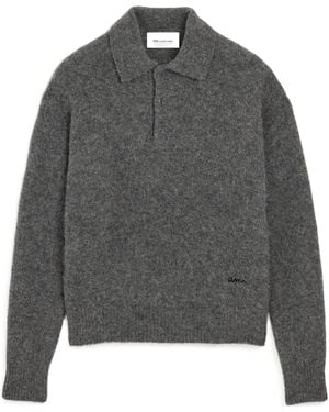 Ami Paris Logo Embroidered Long-Sleeved Polo Shirt - Gray