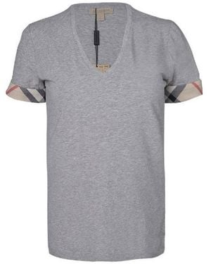Burberry V-Neck Checked T-Shirt - Grey
