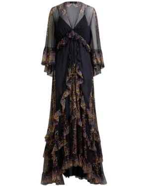 Etro Long Silk Dress With Placed Paisley Foliage Print - Black