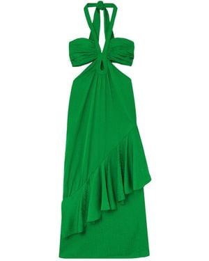 Johanna Ortiz Ruffled Cutout Satin-Jacquard Halterneck Midi Dress - Green