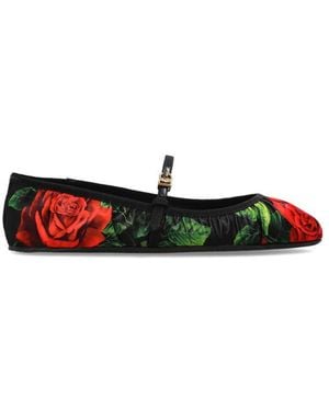 Dolce & Gabbana Rose-Print Satin Ballet Flats - Red