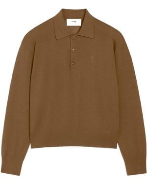Ami Paris Logo Embroidered Long-Sleeved Polo Shirt - Brown
