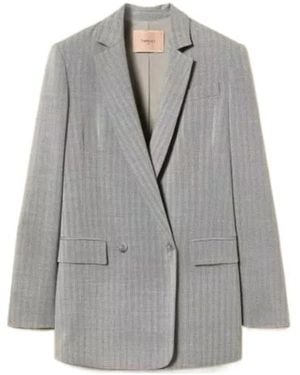 Twinset Pinstriped Double-Breasted Blazer - Gray