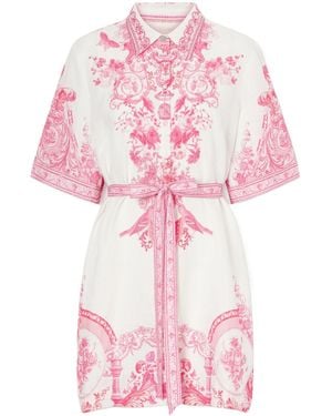 CAMILLA Floral-Print Embellished Linen Mini Dress - Pink