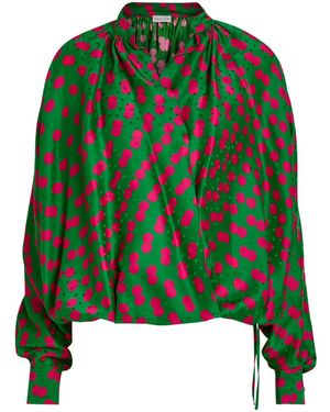 Dries Van Noten Polka Dot Satin Wrap Blouse - Green