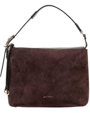 Etro Logo-Print Suede Shoulder Bag - Brown