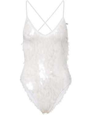 Norma Kamali Fara Sequined Semi-Sheer Mesh Bodysuit - White