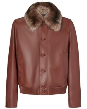Fendi Faux-Fur Collar Leather Bomber Jacket - Brown