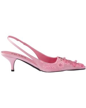 Prada Embroidered Satin Slingback Court Shoes - Pink