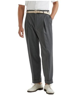Brunello Cucinelli Striped-Pattern Double-Pleats Pants - Gray