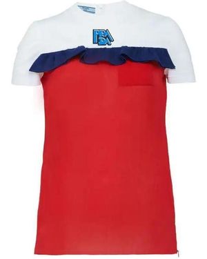 Prada Colour Matching Design Lotus Leaf Edge T-Shirt - Red
