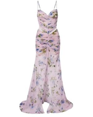 Blumarine Floral Ruched Sheer Gown - Purple