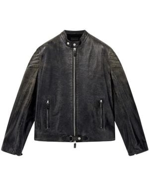 Emporio Armani Shiny Leather Blouson With Quilted Shoulders And A Zip - Grey