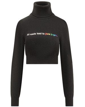 Palm Angels Logo Embroidered Turtleneck Knitted Jumper - Black