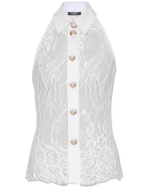 Balmain Lace Halterneck Buttoned Top - White