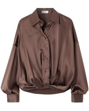Brunello Cucinelli Gathered Silk-Blend Satin Shirt - Brown