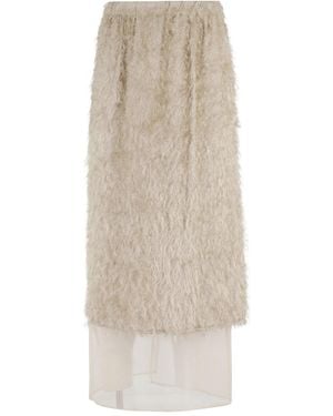Alysi Elasticated-Waistband Layered Fringed Midi Skirt - Natural