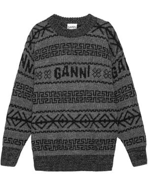 Ganni Logo Jacquard Crewneck Knitted Jumper - Grey