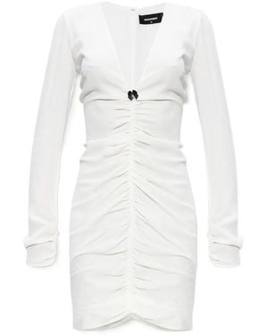 DSquared² Long Sleeved V-Neck Gathered Mini Dress - White